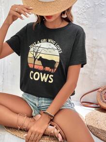 SHEIN LUNE Áo thun nữ Thực vật Slogan Giải trí - Màu xám đen - Xem 1