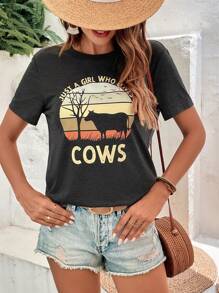 SHEIN LUNE Áo thun nữ Thực vật Slogan Giải trí - Màu xám đen - Xem 4