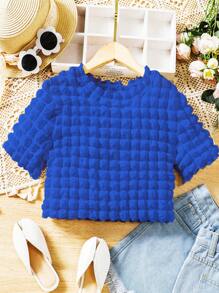 SHEIN 女大童素色紋理質感T恤 - 寶藍色 - 查看 1