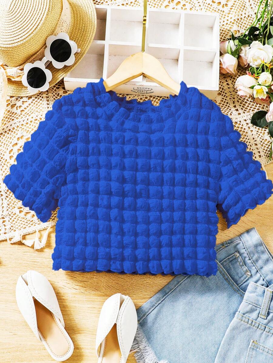 SHEIN 女大童素色紋理質感T恤 - 寶藍色 - 查看 1