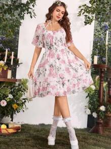 SHEIN SunnyBelle 大碼印花後綁帶荷葉邊洋裝 - 彩色 - 查看 1