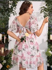 SHEIN SunnyBelle 大碼印花後綁帶荷葉邊洋裝 - 彩色 - 查看 5