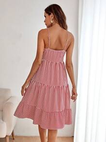 SHEIN LUNE Striped Print Ruffle Hem Cami Dress - Red - View 2