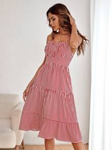 SHEIN LUNE Striped Print Ruffle Hem Cami Dress - Red - View 4