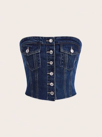 SHEIN ICON Ficka Framsida Knappar Enkel Sexig Denim Topp