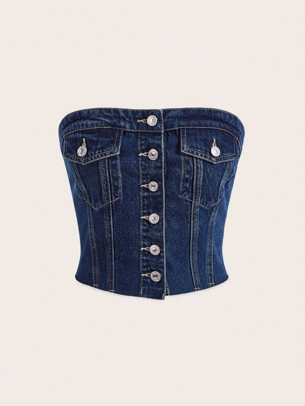 SHEIN ICON Flap Pocket Button Front Tube Denim Top