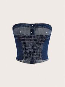 SHEIN ICON Flap Pocket Button Front Tube Denim Top - Dark Wash - View 2