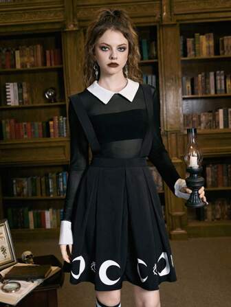 Academia Moon Print Pleated Pinafore Skirt Without Top