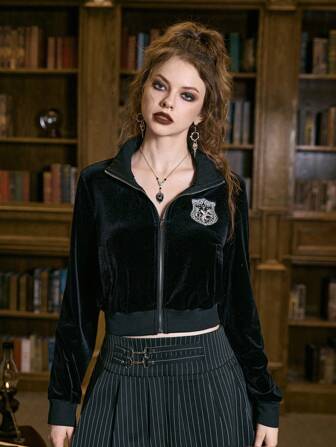 Academia Badge Patched Zip Up Velvet Jacket