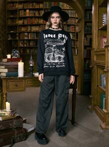 ROMWE Academia Mushroom Print Drop Shoulder Sweatshirt - Black - View 2