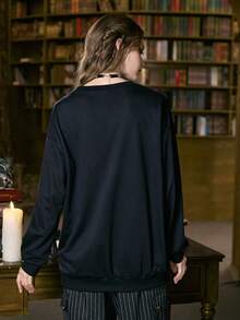 ROMWE Academia Mushroom Print Drop Shoulder Sweatshirt - Black - View 3