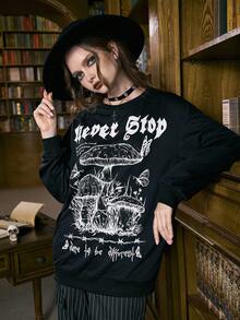 ROMWE Academia Mushroom Print Drop Shoulder Sweatshirt - Black - View 5