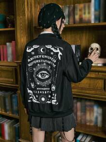 ROMWE Academia 眼睛字母圖案落肩袖夾克 - 黑色 - 查看 1