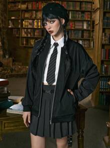 ROMWE Academia 眼睛字母圖案落肩袖夾克 - 黑色 - 查看 2