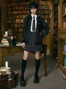 ROMWE Academia 眼睛字母圖案落肩袖夾克 - 黑色 - 查看 3