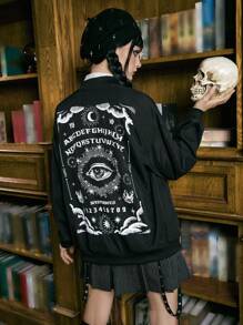 ROMWE Academia 眼睛字母圖案落肩袖夾克 - 黑色 - 查看 4