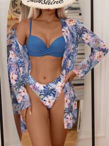 SHEIN Swim 熱帶圖案聚攏比基尼泳裝附和服 - 彩色 - 查看 1