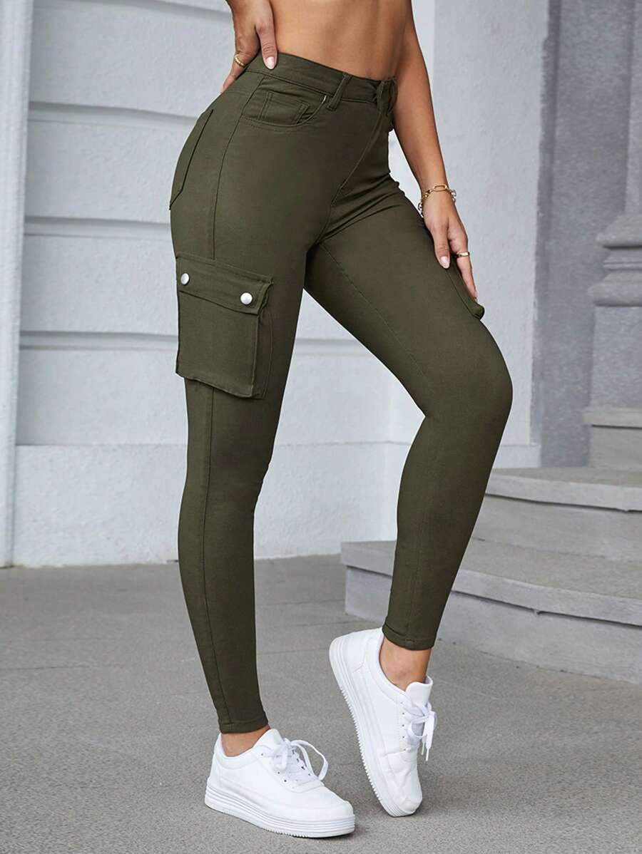 女式时尚修身纯色工装裤 - 軍綠色 - 查看 1