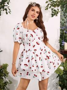 Flirla 大碼櫻桃圖案泡泡袖荷葉邊下擺腰連身短褲 - 白色 - 查看 3