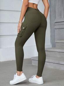 女式时尚修身纯色工装裤 - 軍綠色 - 查看 2
