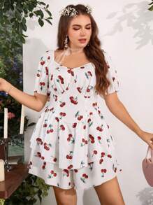 Flirla 大碼櫻桃圖案泡泡袖荷葉邊下擺腰連身短褲 - 白色 - 查看 4