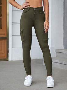 女式时尚修身纯色工装裤 - 軍綠色 - 查看 3