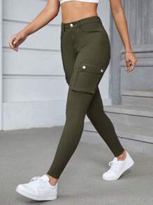 女式时尚修身纯色工装裤 - 軍綠色 - 查看 4