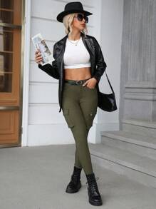 女式时尚修身纯色工装裤 - 軍綠色 - 查看 5