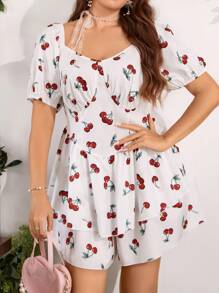 Flirla 大碼櫻桃圖案泡泡袖荷葉邊下擺腰連身短褲 - 白色 - 查看 7
