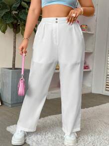 Calvaya Plus High Waist Plicated Detail Straight Leg Trousers - White - View 1