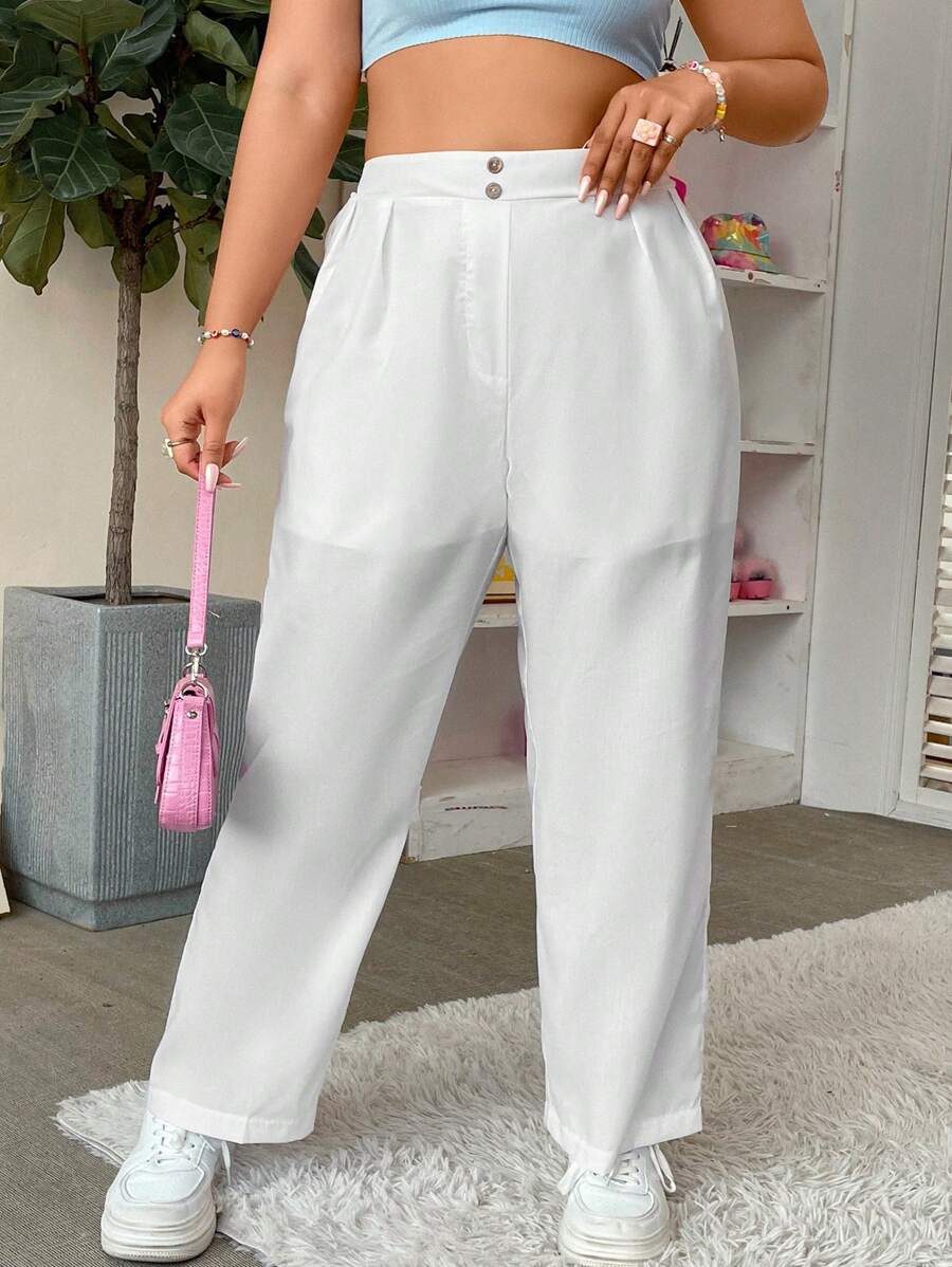 Calvaya Plus High Waist Plicated Detail Straight Leg Trousers - White - View 1