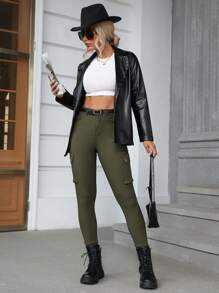 女式时尚修身纯色工装裤 - 軍綠色 - 查看 6