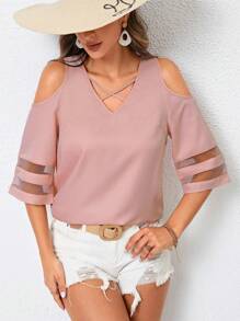 SHEIN LUNE 交叉挖肩嵌入網紗襯衫 - 藕粉色 - 查看 1