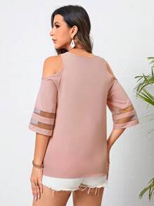 SHEIN LUNE 交叉挖肩嵌入網紗襯衫 - 藕粉色 - 查看 2