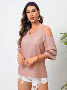 SHEIN LUNE 交叉挖肩嵌入網紗襯衫 - 藕粉色 - 查看 4