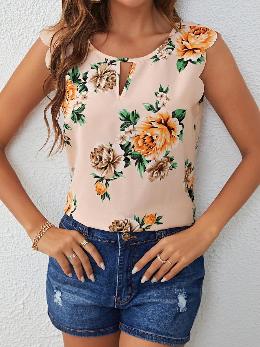 SHEIN LUNE Floral Print Keyhole Neck Scallop Trim Blouse - Apricot - View 1