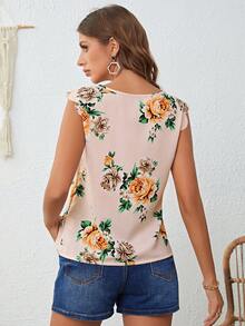 SHEIN LUNE Floral Print Keyhole Neck Scallop Trim Blouse - Apricot - View 2
