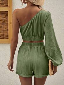 Breezaya 2 件套女士绿色和卡其色纹理露肩上衣 - 軍綠色 - 查看 2