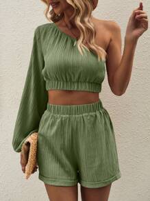 Breezaya 2 件套女士绿色和卡其色纹理露肩上衣 - 軍綠色 - 查看 4