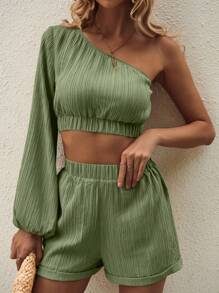 Breezaya 2 件套女士绿色和卡其色纹理露肩上衣 - 軍綠色 - 查看 5