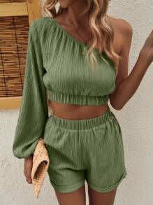 Breezaya 2 件套女士绿色和卡其色纹理露肩上衣 - 軍綠色 - 查看 6