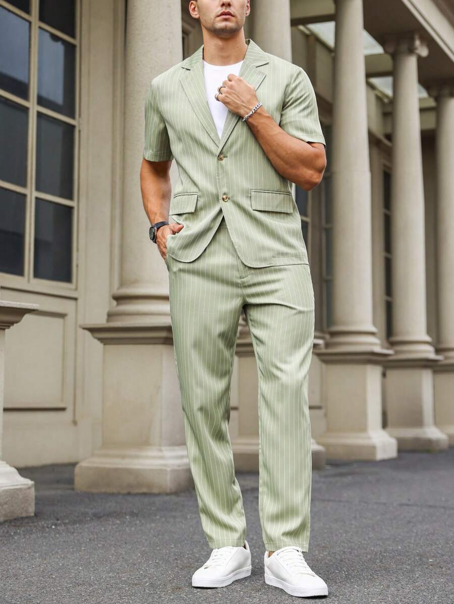 Manfinity Mode Men Striped Print Blazer & Suit Pants - Green - View 1