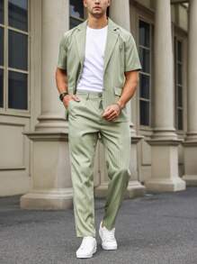 Manfinity Mode Men Striped Print Blazer & Suit Pants - Green - View 5