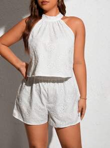 SHEIN Clasi 大碼網眼刺繡掛脖上衣和短褲 - 白色 - 查看 5