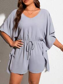 Celure 大碼蝙蝠袖前打結連身短褲 - 灰色 - 查看 4