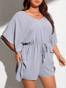 Celure 大碼蝙蝠袖前打結連身短褲 - 灰色 - 查看 6