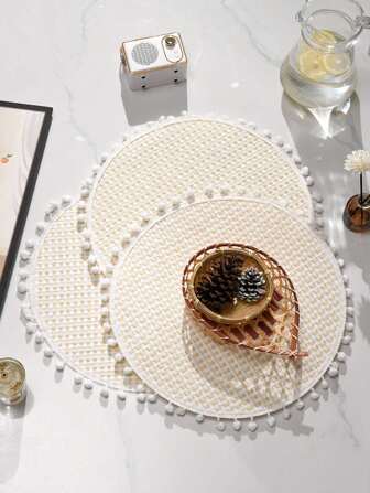 4入组/套格紋有圖案的小絨球邊地方