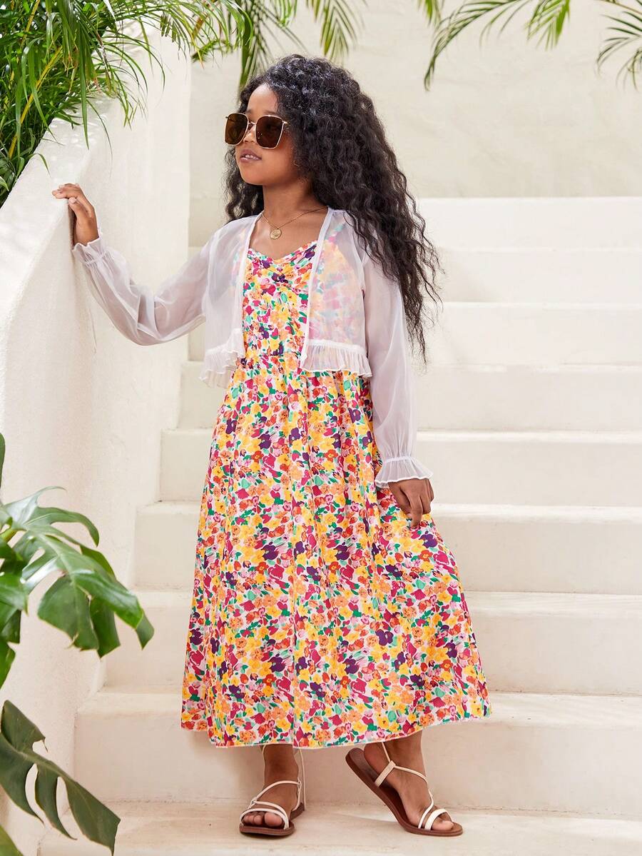 SHEIN Cô gái Tween In hoa Váy Dây & Mở Mặt trước Áo - trắng - Xem 1