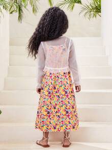 SHEIN Cô gái Tween In hoa Váy Dây & Mở Mặt trước Áo - trắng - Xem 2