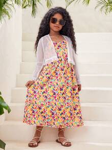 SHEIN Cô gái Tween In hoa Váy Dây & Mở Mặt trước Áo - trắng - Xem 3